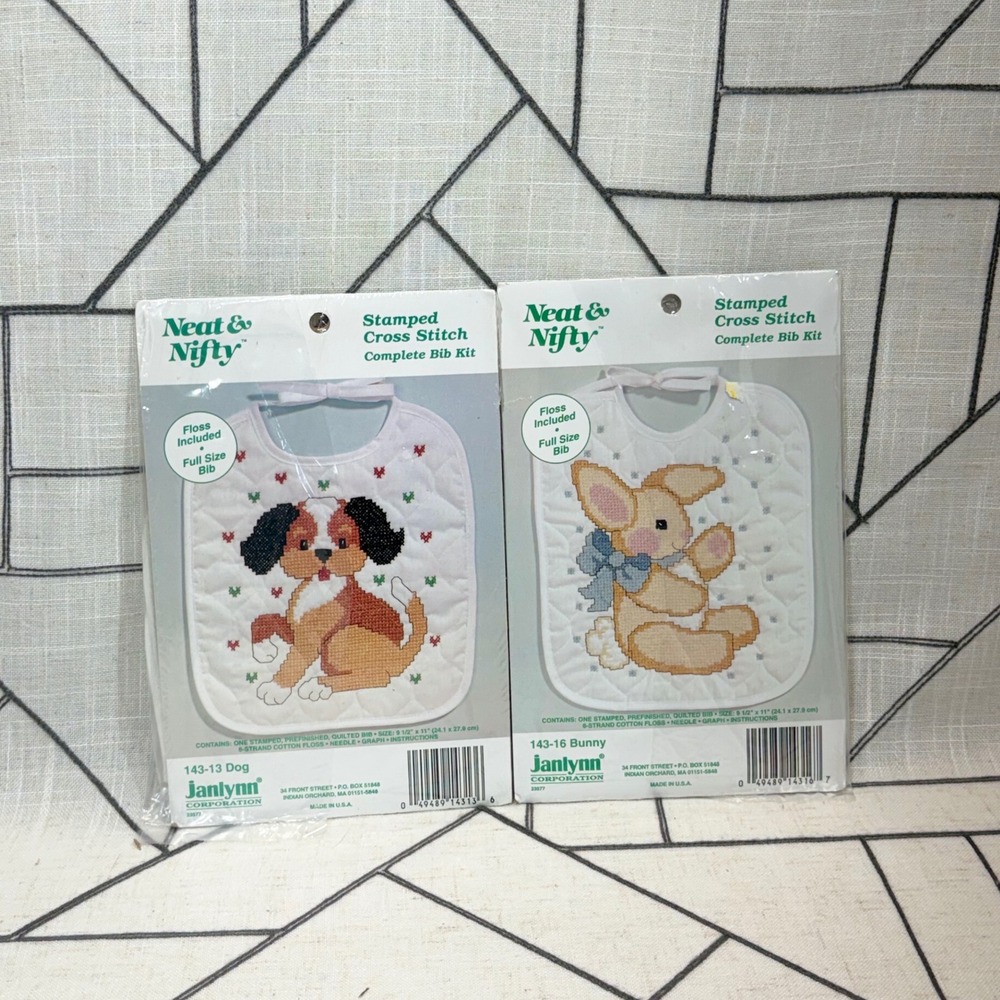 Janlynn Stamped Cross Stitch Bib Kit 2pc White Dog Bunny Vintage 143-13 143-16